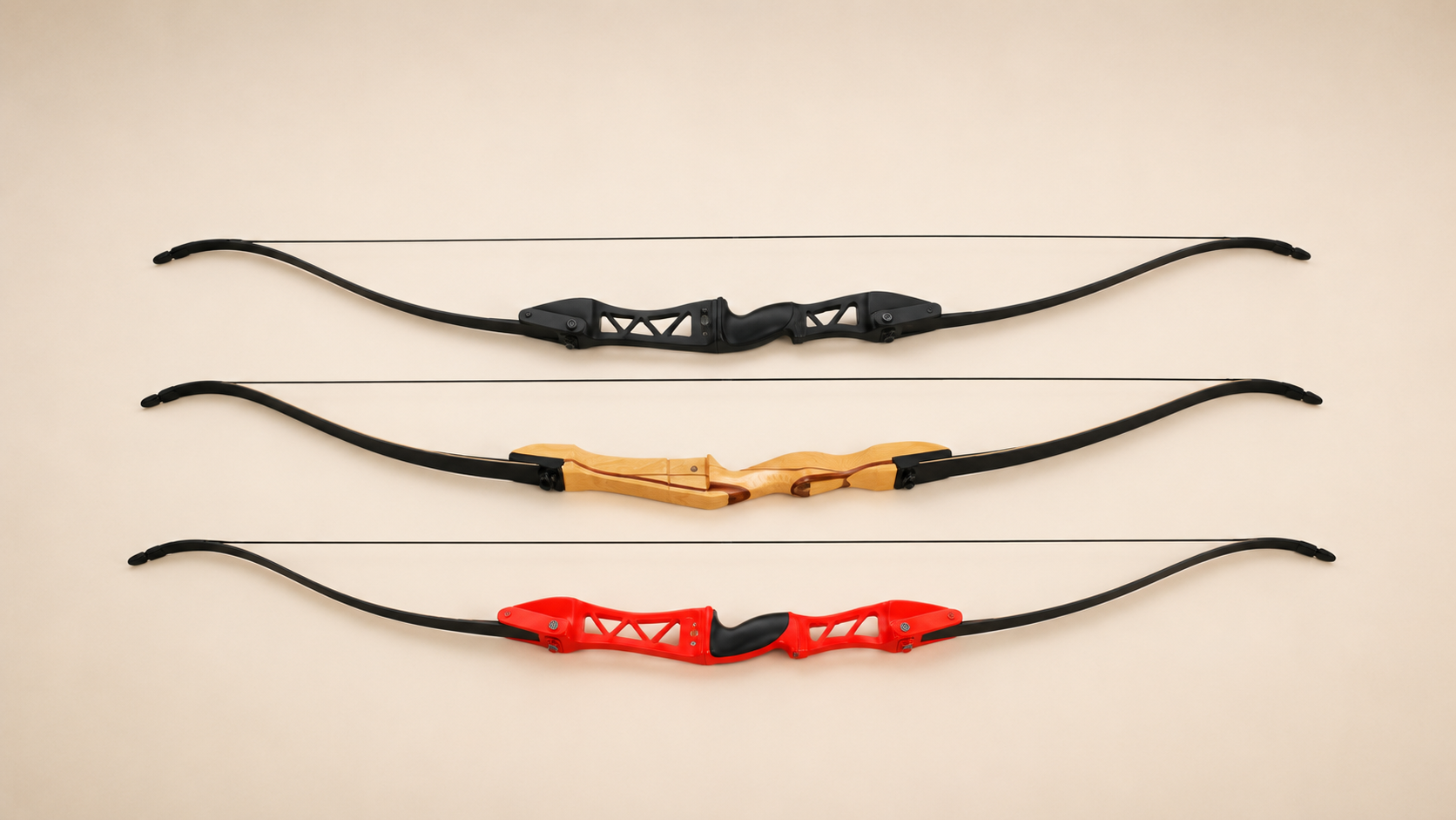 The three Archeryline recurve bows — F158, F168C, F167 — laid out side by side